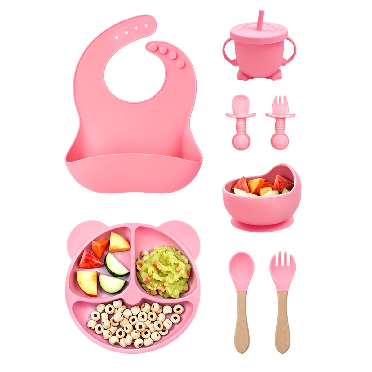 GENERICO - Set Alimentacion Bebe 8 Piezas Vajilla Silicona Libre Bpa Ventosa Antideslizante Rosa Intenso