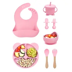 GENERICO - Set Alimentacion Bebe 8 Piezas Vajilla Silicona Libre Bpa Ventosa Antideslizante Rosa Intenso