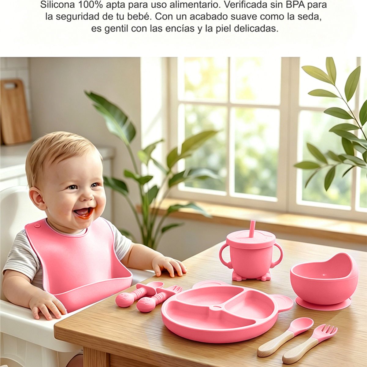 GENERICO - Set Alimentacion Bebe 8 Piezas Vajilla Silicona Libre Bpa Ventosa Antideslizante Rosa Intenso