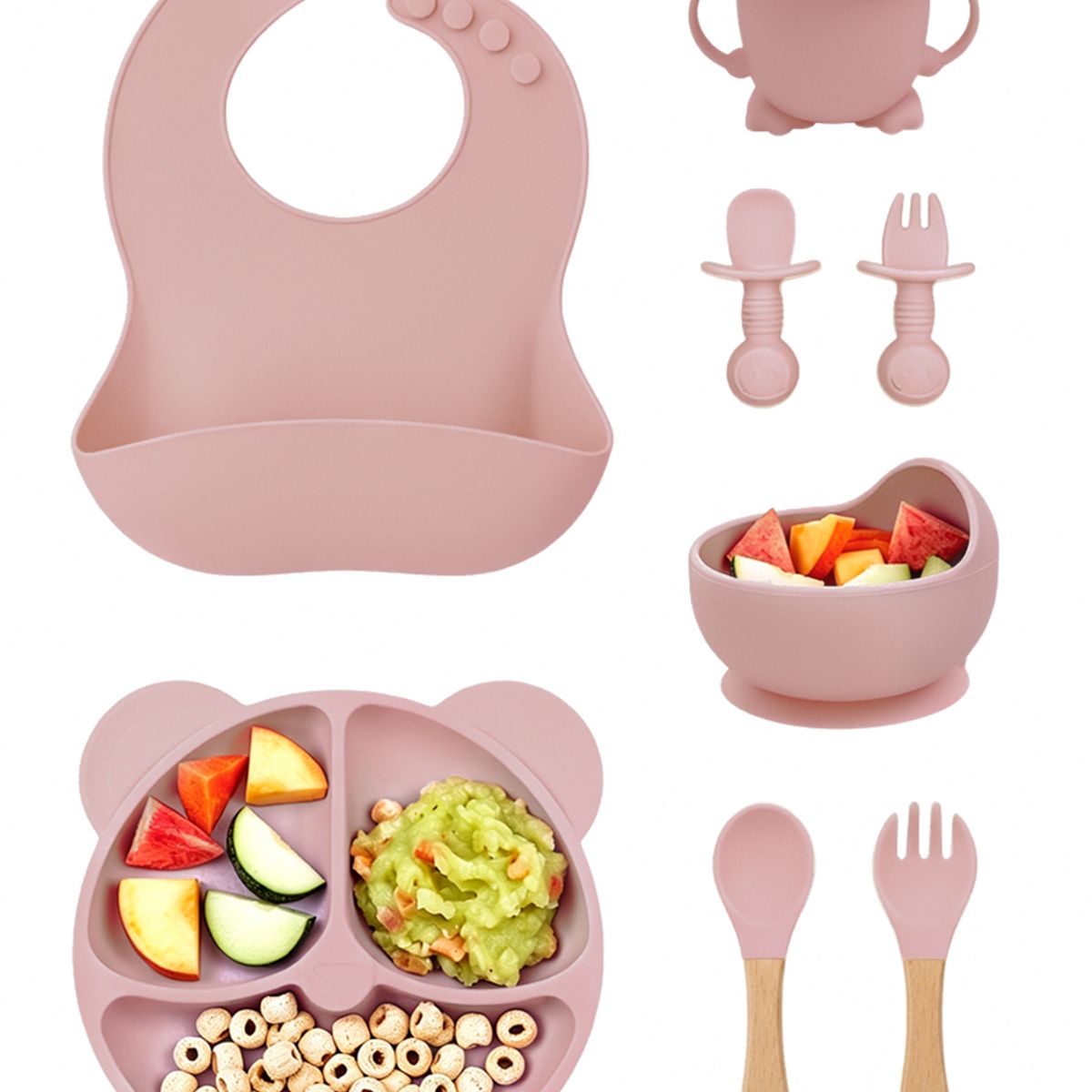 YOLIKITCHEN - Set Alimentacion Bebe 8 Piezas Vajilla Silicona Libre Bpa Ventosa Antideslizante Palo De Rosa