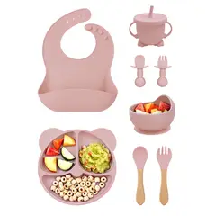 GENERICO - Set Alimentacion Bebe 8 Piezas Vajilla Silicona Libre Bpa Ventosa Antideslizante Palo De Rosa
