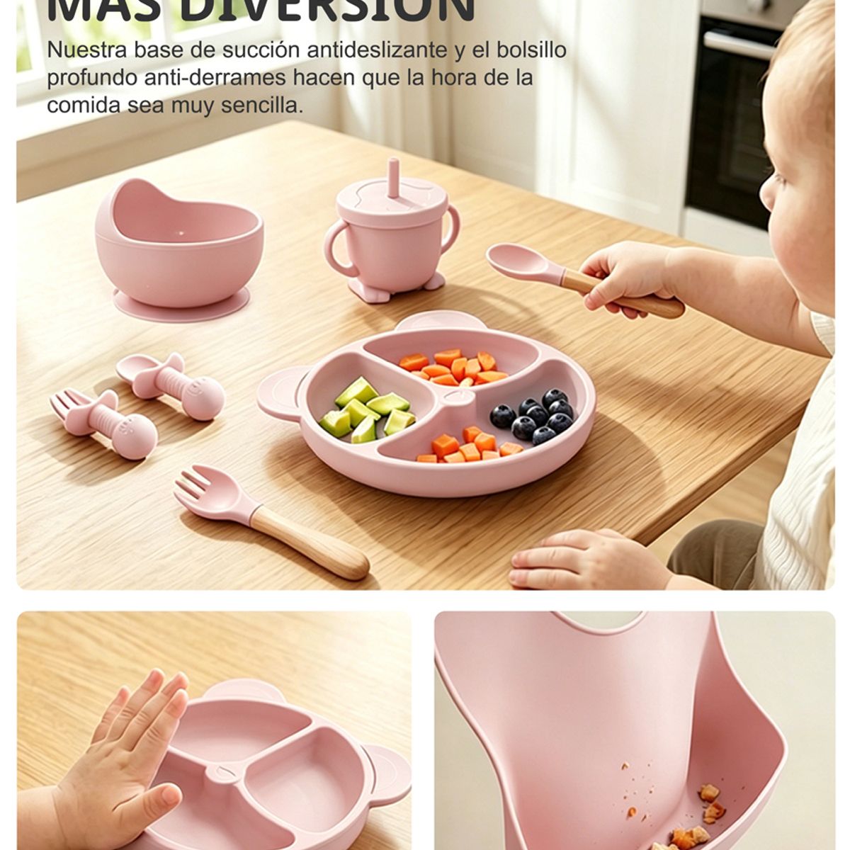 YOLIKITCHEN - Set Alimentacion Bebe 8 Piezas Vajilla Silicona Libre Bpa Ventosa Antideslizante Palo De Rosa