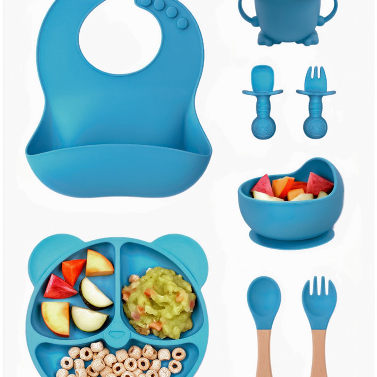 YOLIKITCHEN - Set Alimentacion Bebe 8 Piezas Vajilla Silicona Libre Bpa Ventosa Antideslizante Azul