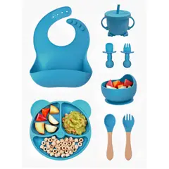 YOLIKITCHEN - Set Alimentacion Bebe 8 Piezas Vajilla Silicona Libre Bpa Ventosa Antideslizante Azul