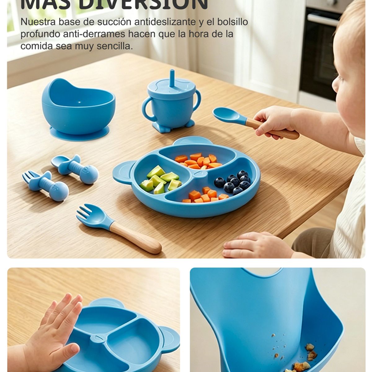 YOLIKITCHEN - Set Alimentacion Bebe 8 Piezas Vajilla Silicona Libre Bpa Ventosa Antideslizante Azul