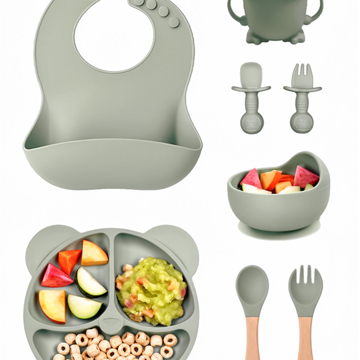 YOLIKITCHEN - Set Alimentacion Bebe 8 Piezas Vajilla Silicona Libre Bpa Ventosa Antideslizante Azul Neblina
