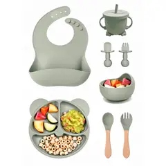 YOLIKITCHEN - Set Alimentacion Bebe 8 Piezas Vajilla Silicona Libre Bpa Ventosa Antideslizante Azul Neblina