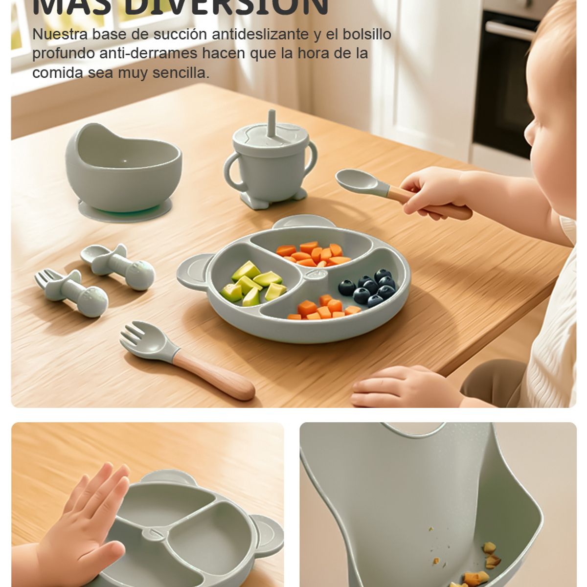 YOLIKITCHEN - Set Alimentacion Bebe 8 Piezas Vajilla Silicona Libre Bpa Ventosa Antideslizante Azul Neblina