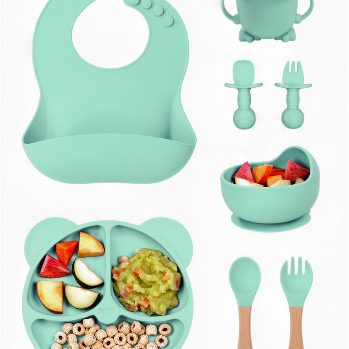 YOLIKITCHEN - Set Alimentacion Bebe 8 Piezas Vajilla Silicona Libre Bpa Ventosa Antideslizante Azul Turquesa