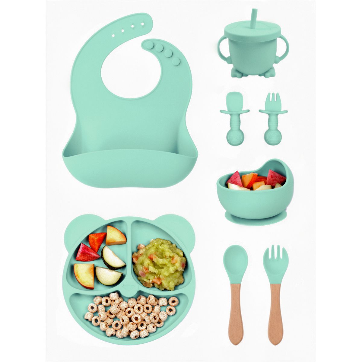 YOLIKITCHEN - Set Alimentacion Bebe 8 Piezas Vajilla Silicona Libre Bpa Ventosa Antideslizante Azul Turquesa