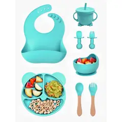 GENERICO - Set Alimentacion Bebe 8 Piezas Vajilla Silicona Libre Bpa Ventosa Antideslizante Azul Turquesa