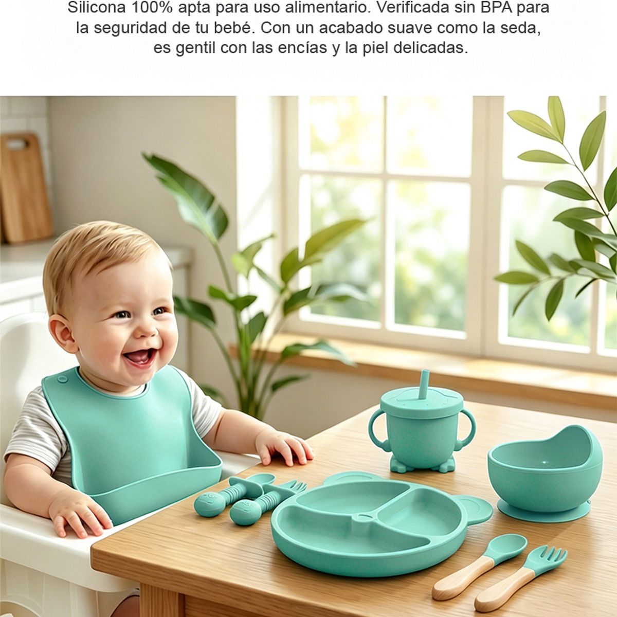 YOLIKITCHEN - Set Alimentacion Bebe 8 Piezas Vajilla Silicona Libre Bpa Ventosa Antideslizante Azul Turquesa