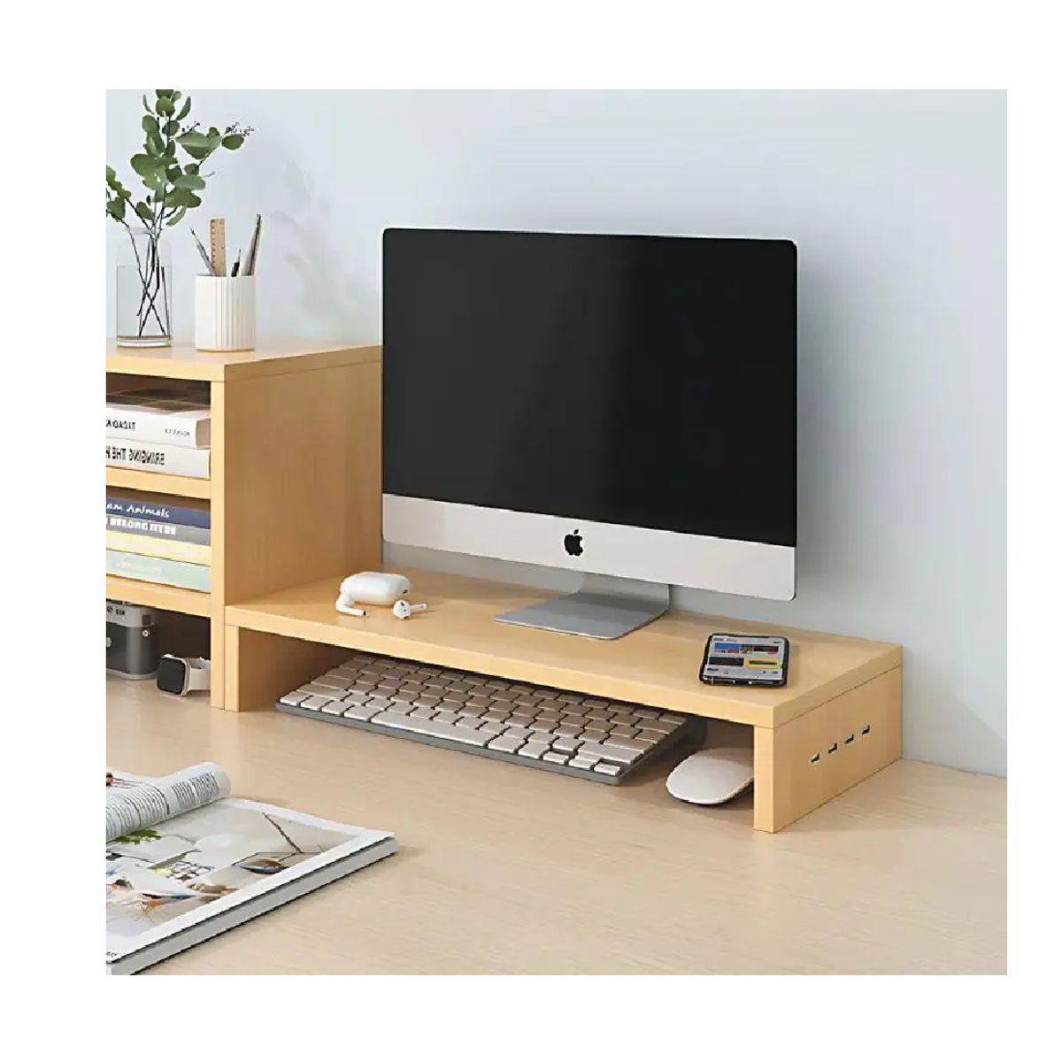 GENERICO - Base Elevador Monitor Soporte Pantalla Pc Con Entradas Usb Color Marrón