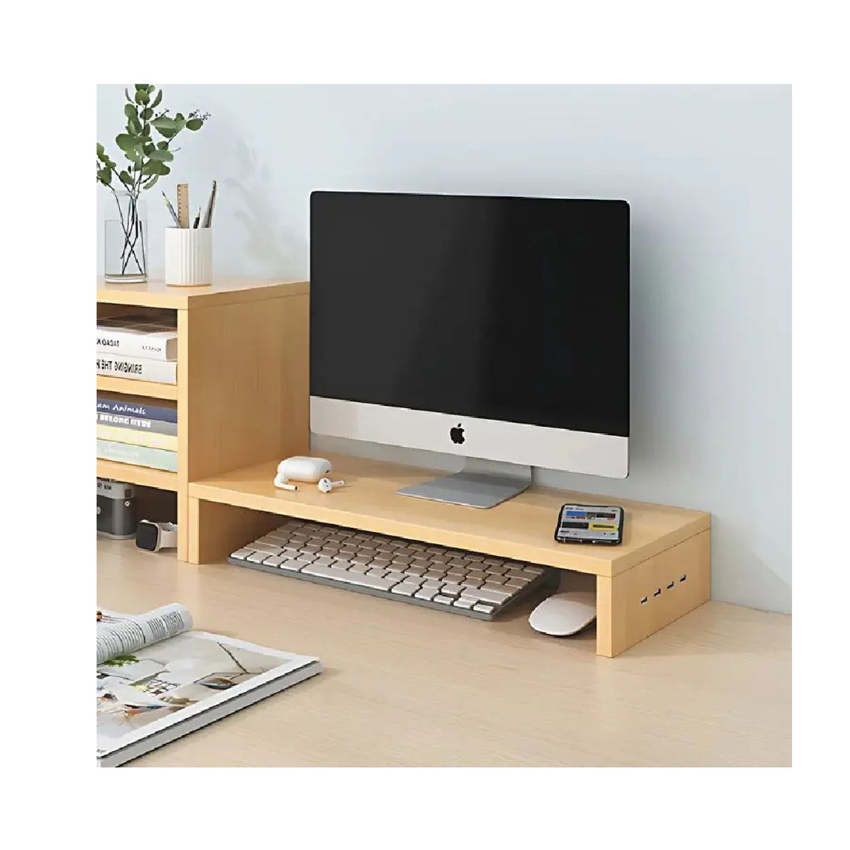 GENERICO - Base Elevador Monitor Soporte Pantalla Pc Con Entradas Usb Color Marrón