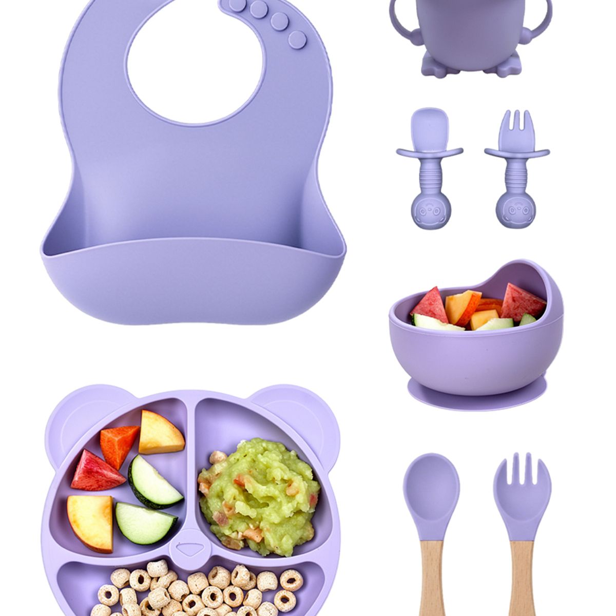 GENERICO - Set Alimentacion Bebe 8 Piezas Vajilla Silicona Libre Bpa Ventosa Antideslizante Lila
