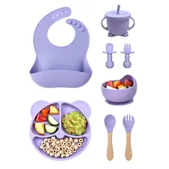 GENERICO - Set Alimentacion Bebe 8 Piezas Vajilla Silicona Libre Bpa Ventosa Antideslizante Lila