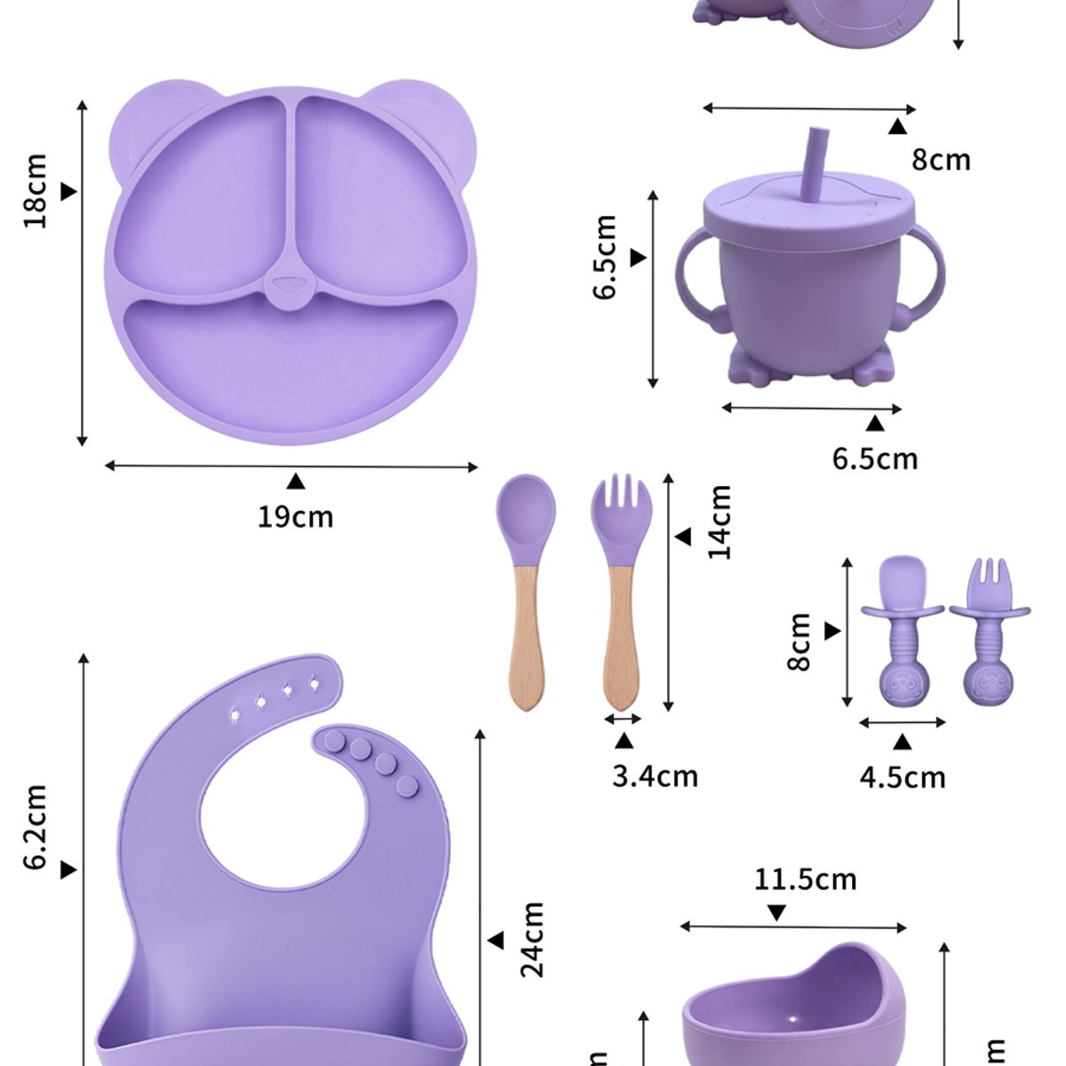 GENERICO - Set Alimentacion Bebe 8 Piezas Vajilla Silicona Libre Bpa Ventosa Antideslizante Lila