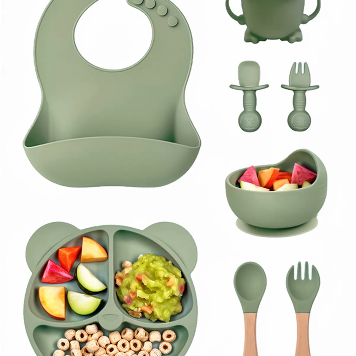 YOLIKITCHEN - Set Alimentacion Bebe 8 Piezas Vajilla Silicona Libre Bpa Ventosa Antideslizante Verde Salvia