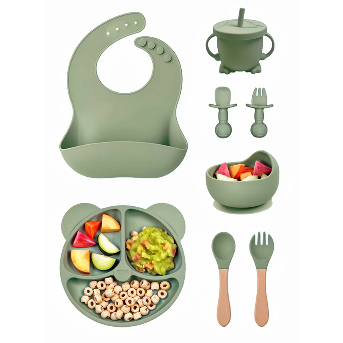 YOLIKITCHEN - Set Alimentacion Bebe 8 Piezas Vajilla Silicona Libre Bpa Ventosa Antideslizante Verde Salvia