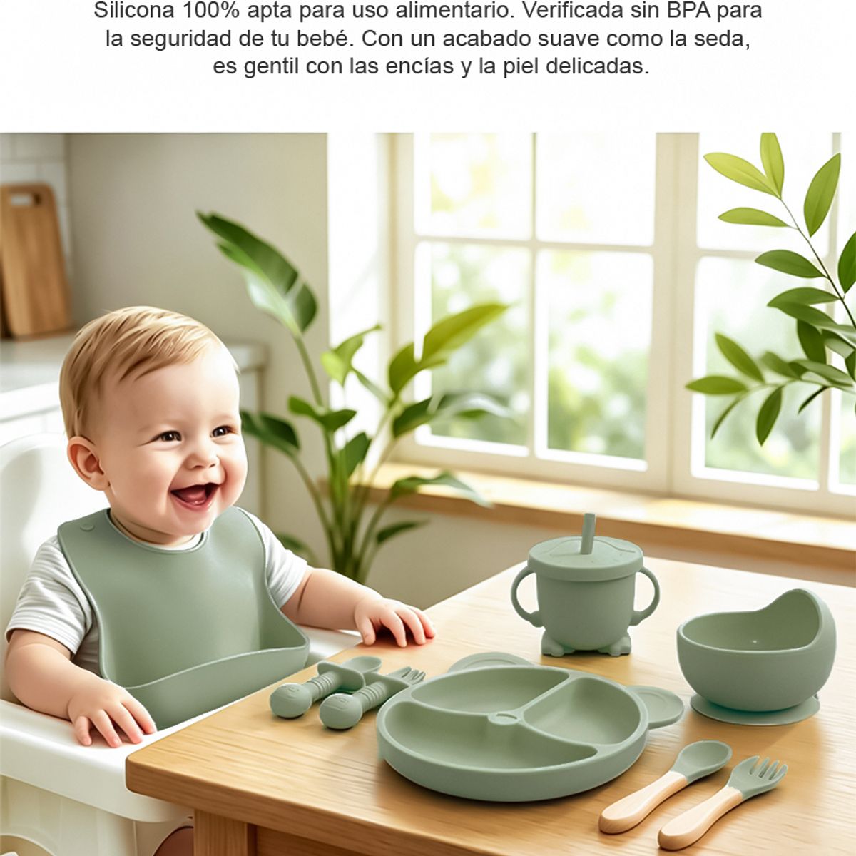 YOLIKITCHEN - Set Alimentacion Bebe 8 Piezas Vajilla Silicona Libre Bpa Ventosa Antideslizante Verde Salvia