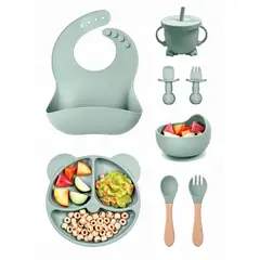 GENERICO - Set Alimentacion Bebe 8 Piezas Vajilla Silicona Libre Bpa Ventosa Antideslizante Azul Lago