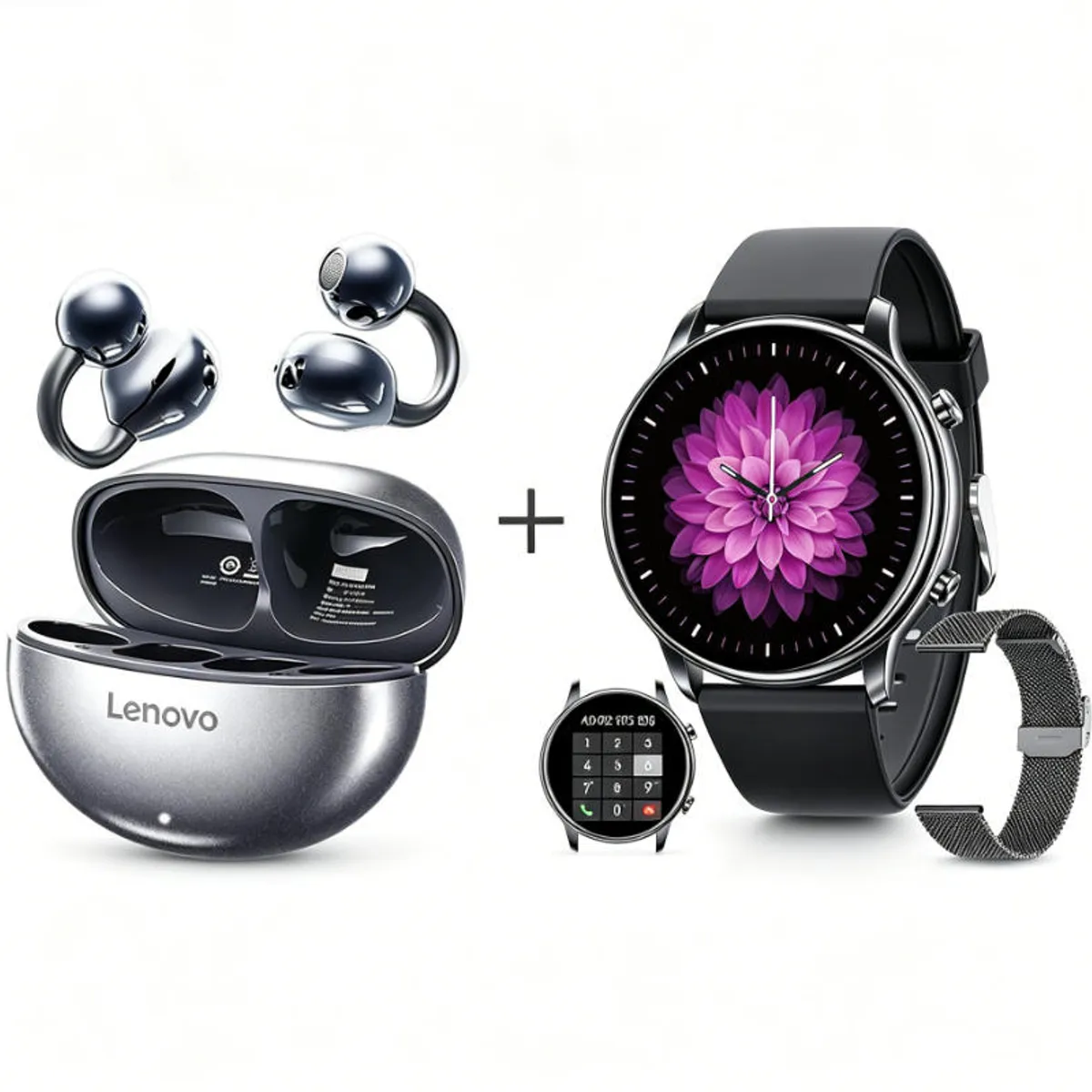 LENOVO - Y66 Smartwatch+Audífonos  Auriculares Bluetooth Lenovo Clip TA140-Negro