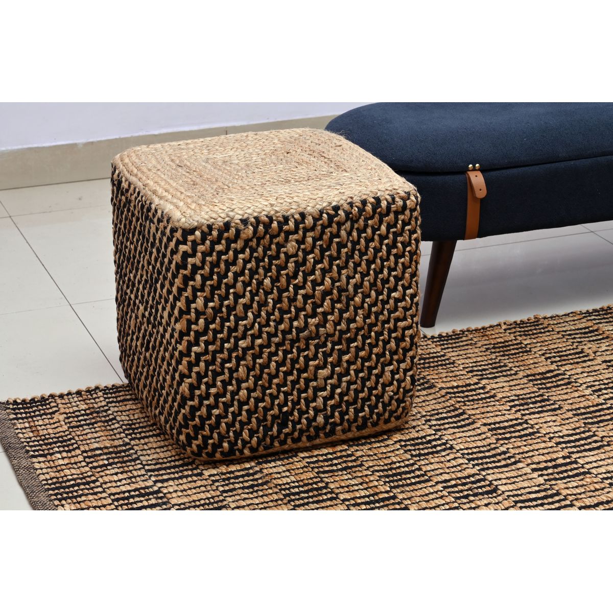 DECOGHAR - Puff de Yute Natural-Negro Cuadrado 40x40 cm