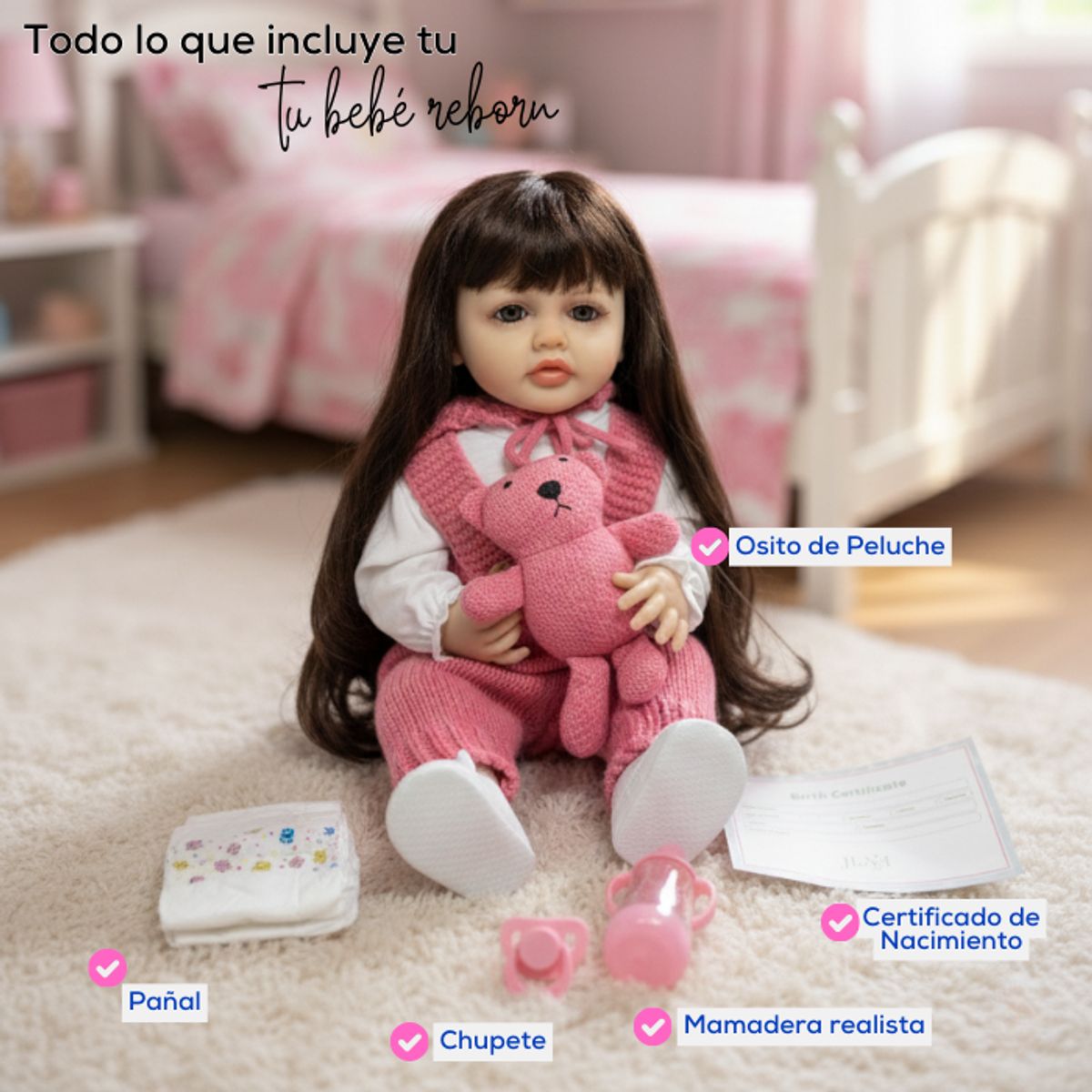 GENERICO - Muñeca Realista Bebé Reborn Con Accesorios Cabello Largo