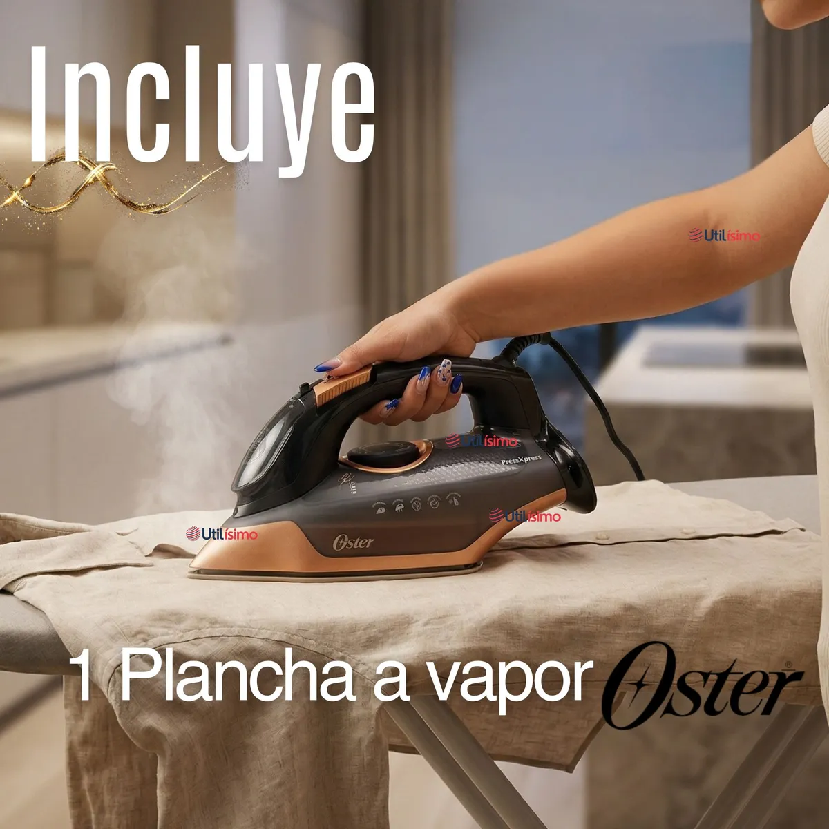 OSTER - Plancha de vapor Oster® PressXpress S9000 Suela XL con diamante bronce GCSTPX9001-052