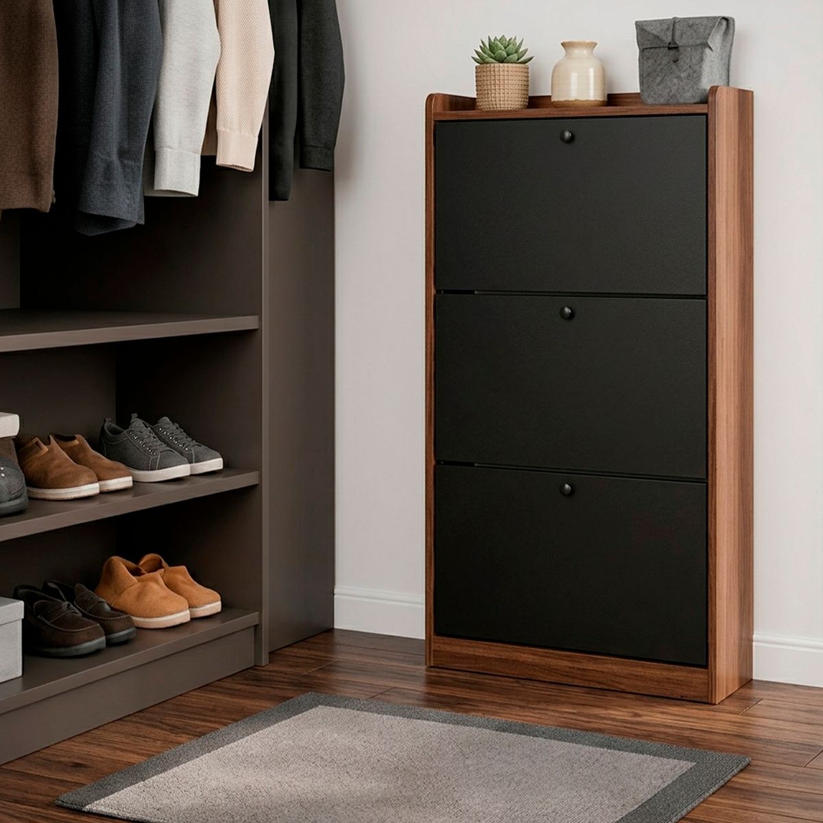 CASA BELLA - Zapatero Mural 3 Niveles Negro Cedro MDF 114x60x24 cm Organizador Entrada Dormitorio