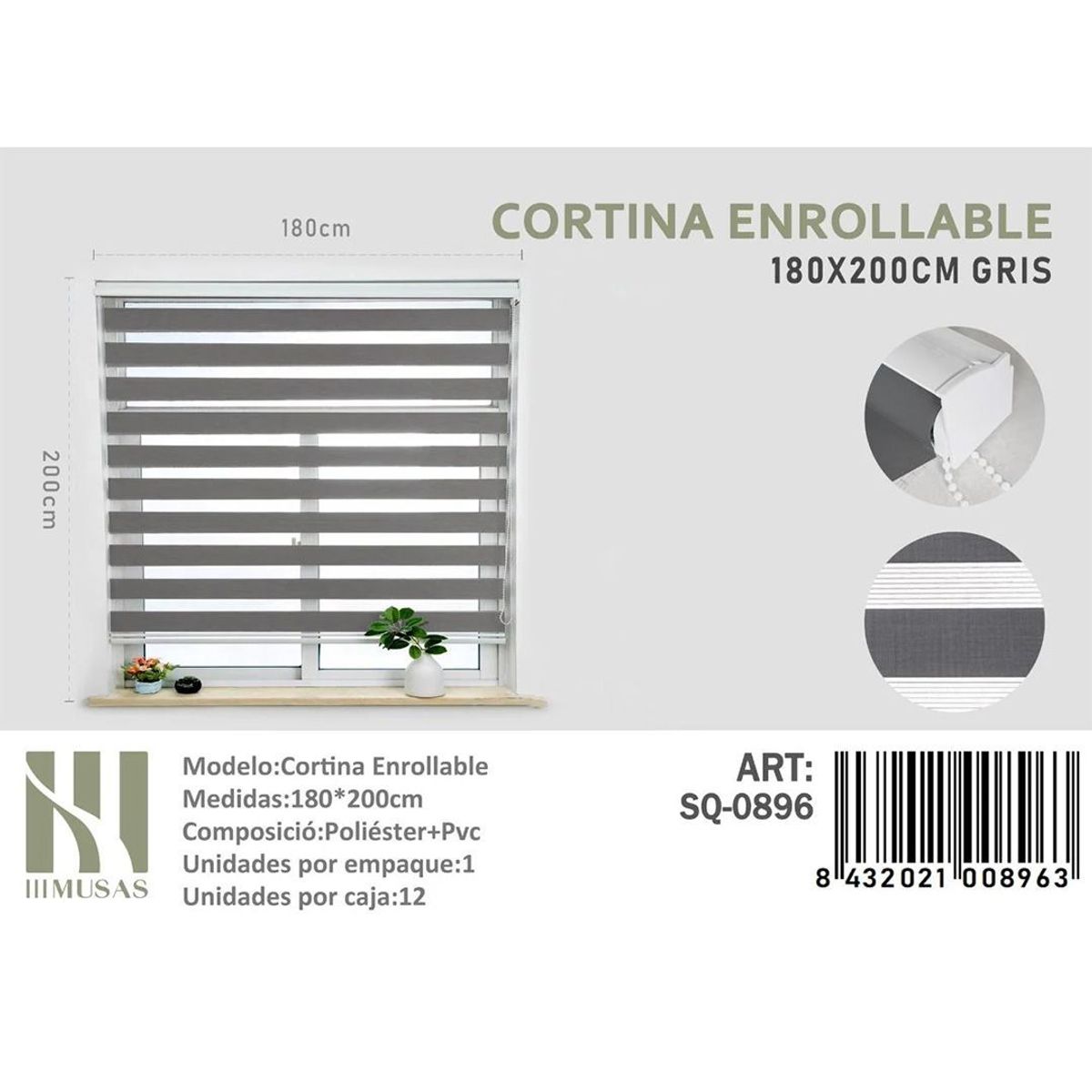 GENERICO - Cortina Roller Duo Lisa  180 x 200 color   gris