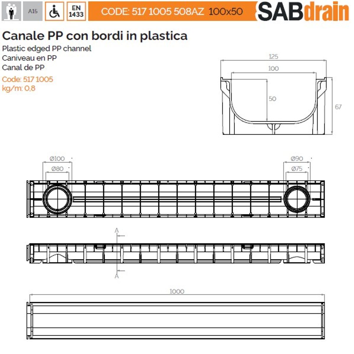 GENERICO - Canal de Drenaje SABdrain 100x50 1m A15 Rejilla Galvanizada