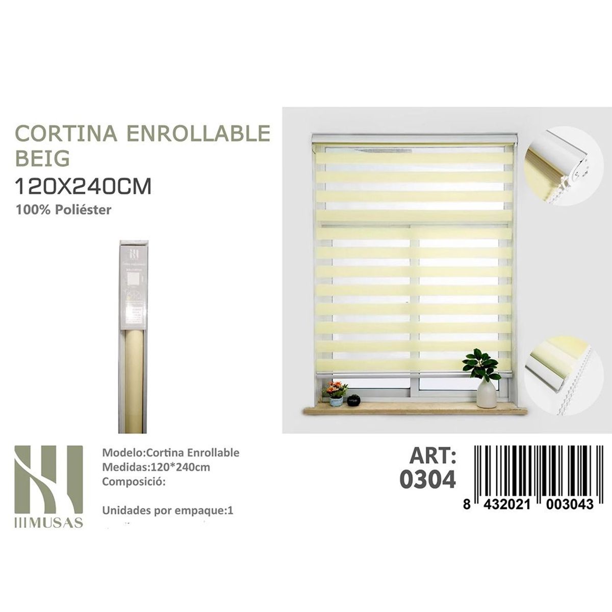 GENERICO - Cortina Roller Duo Lisa  120 x 240  Cm color Beige