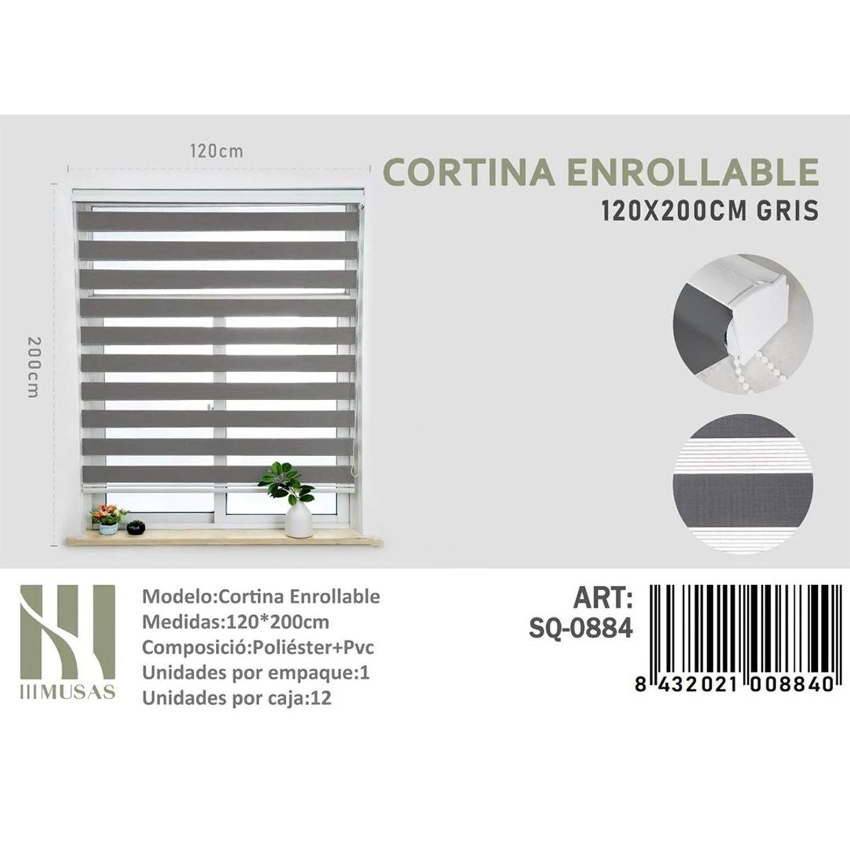GENERICO - Cortina Roller Duo lisa 120 x 200 Color Gris