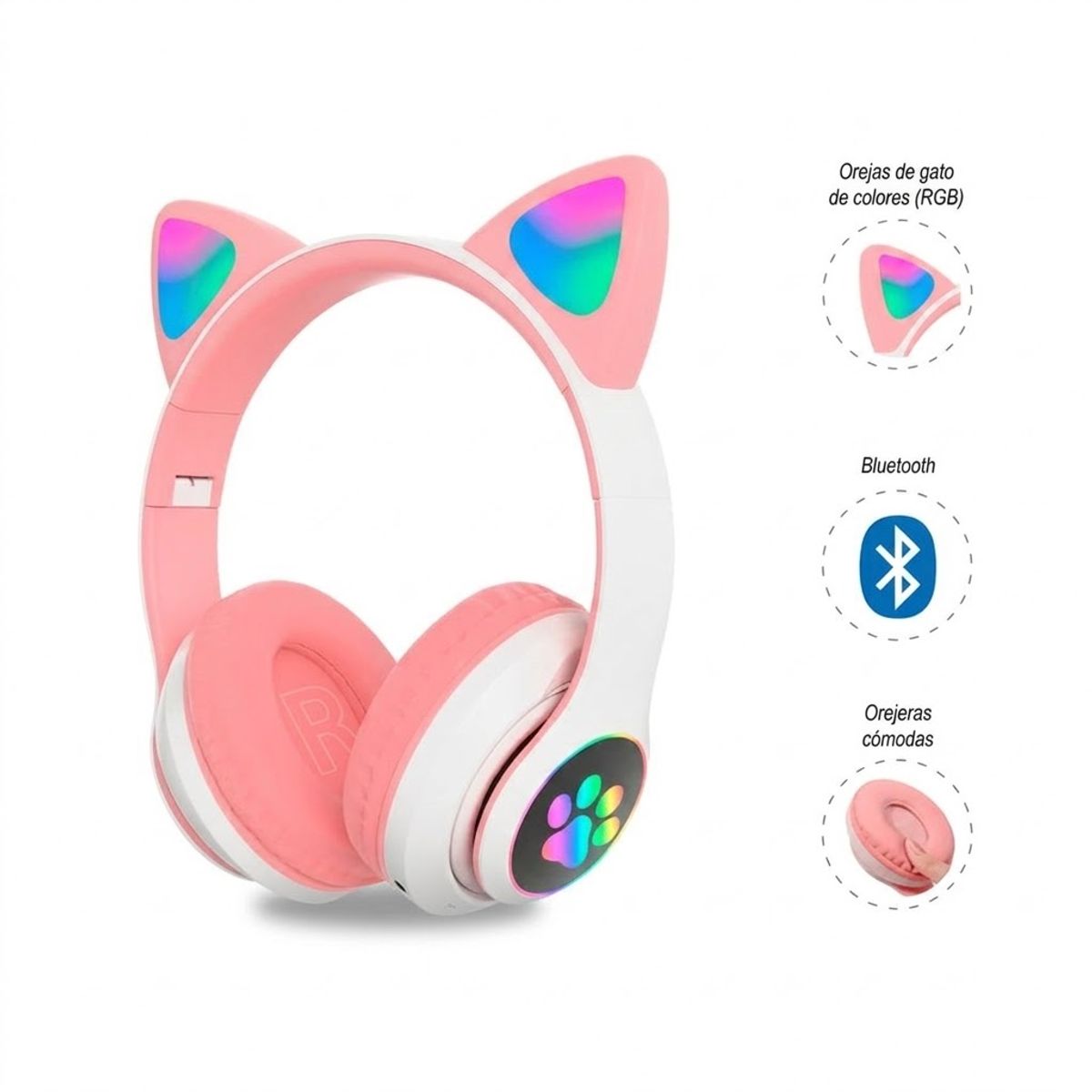 GENERICO - Audífonos Orejas de Gato Luces Led, Bluetooth y Micrófono Color Rosado