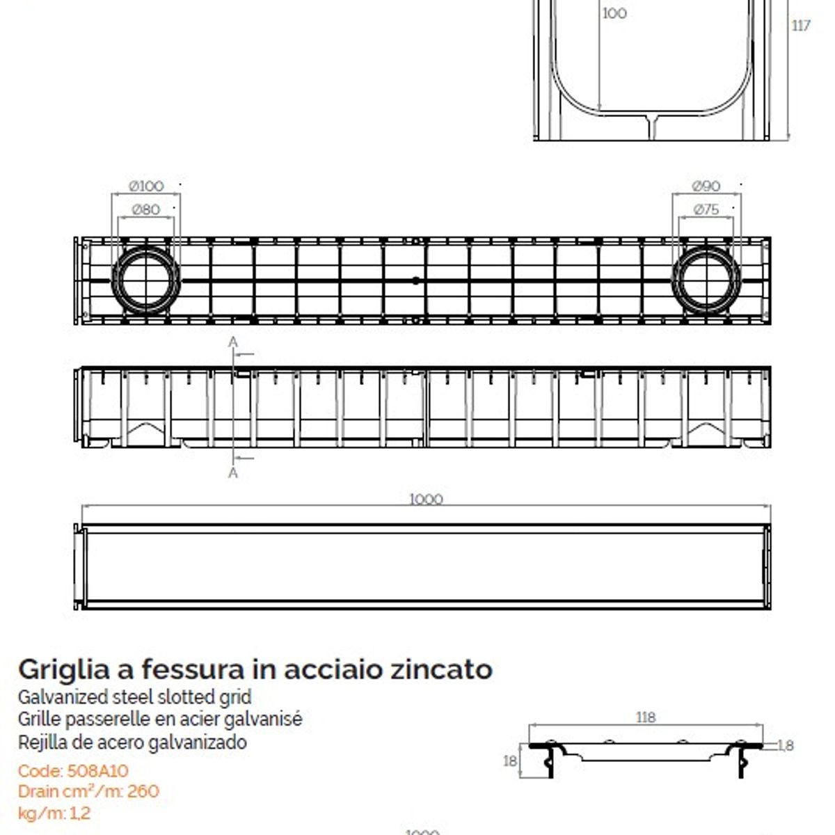 GENERICO - Canal de Drenaje SABdrain 100x100 mm con Rejilla de Acero Galvanizado — Clase A15 - 1 metro