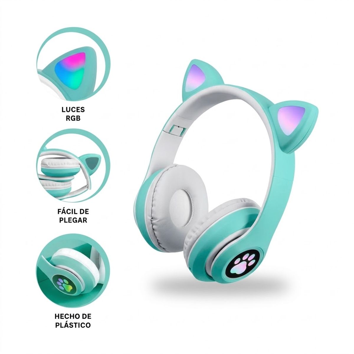 GENERICO - Audífonos Orejas de Gato Luces Led, Bluetooth y Micrófono Color Azul Menta