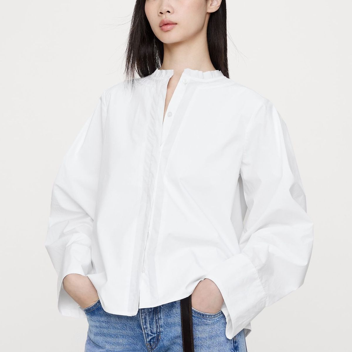 BANANA REPUBLIC - Blusa Mujer Banana Republic Algodón Cuello Mandarin Blanco