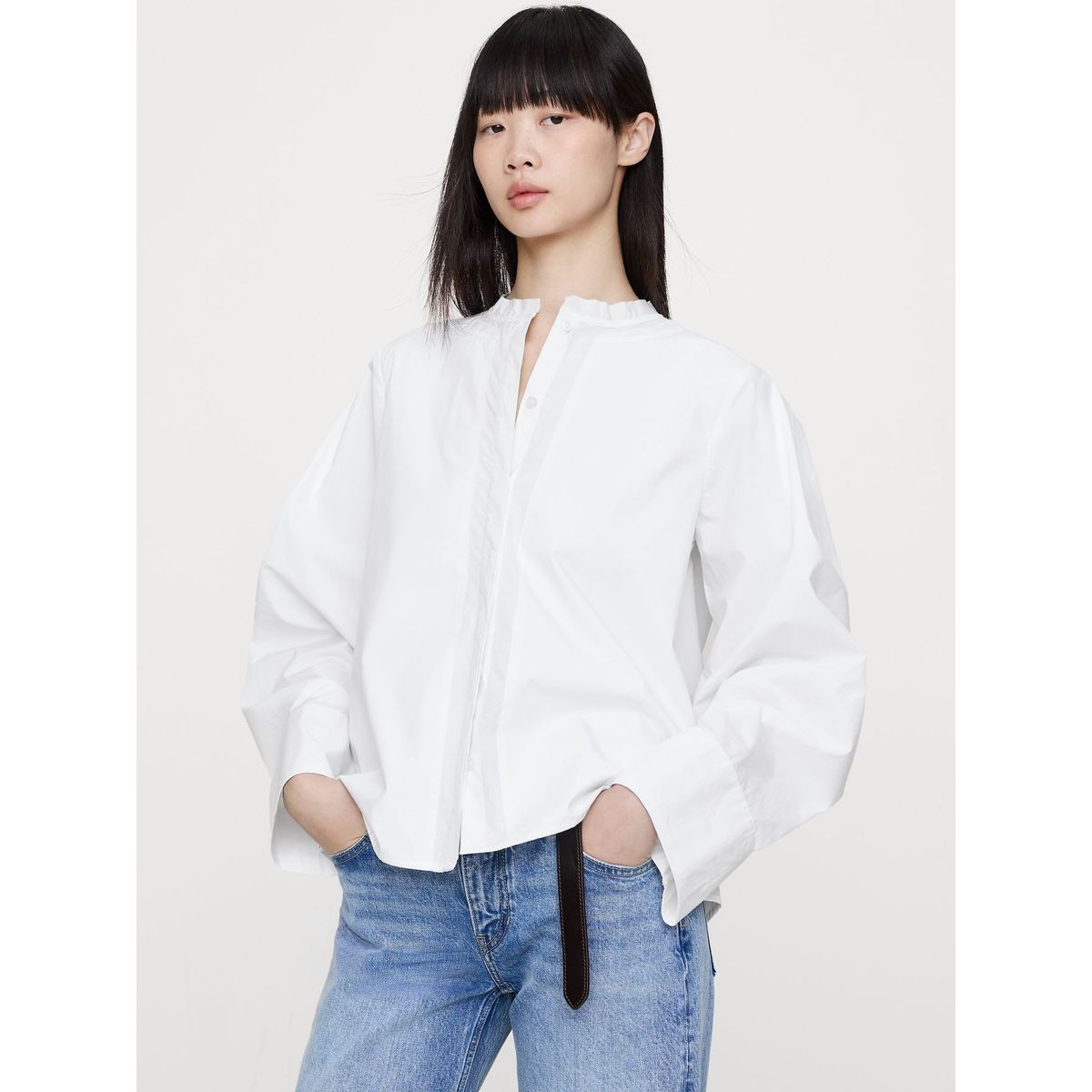 BANANA REPUBLIC - Blusa Mujer Banana Republic Algodón Cuello Mandarin Blanco