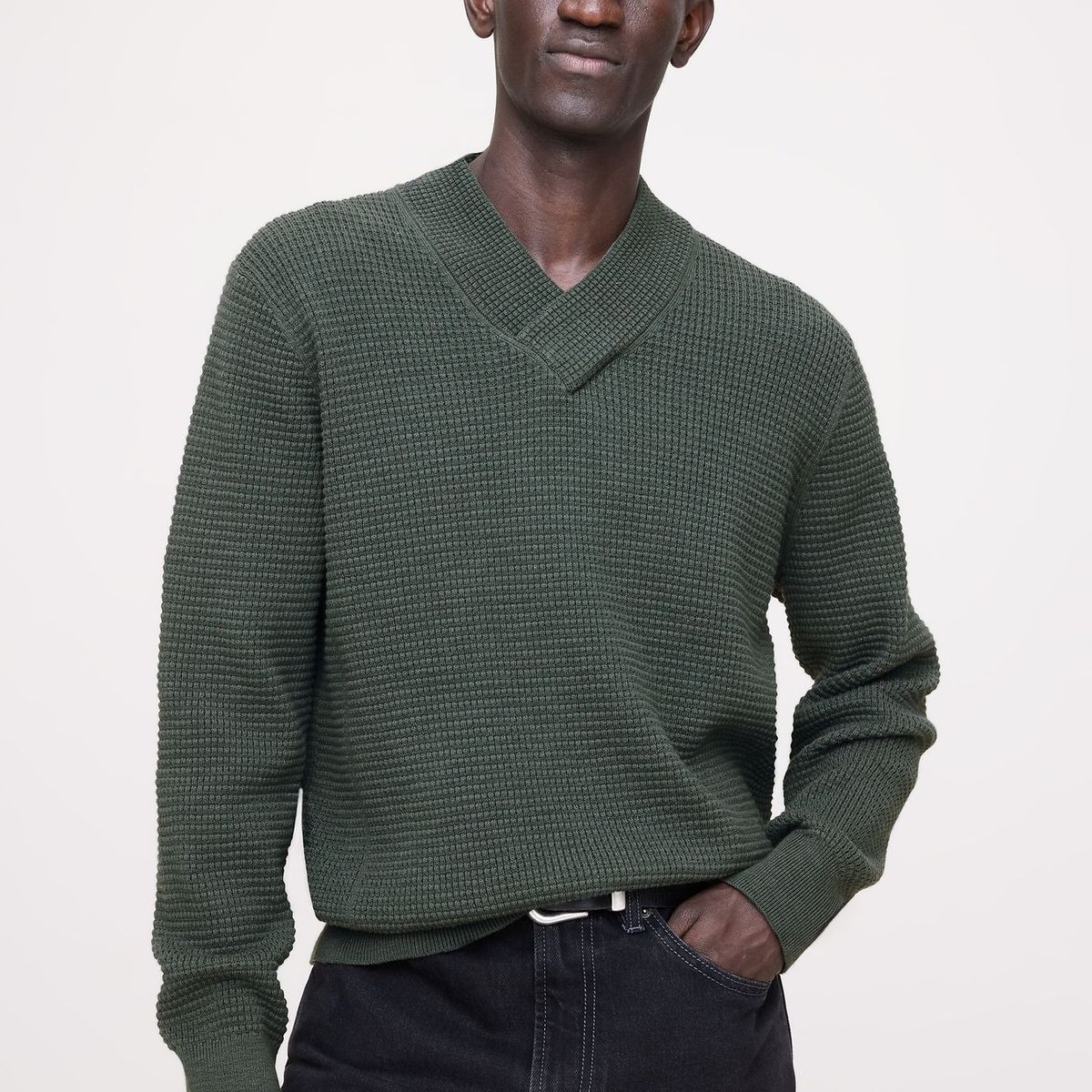 BANANA REPUBLIC - Sweater Hombre Algodón Thermal Vneck Verde