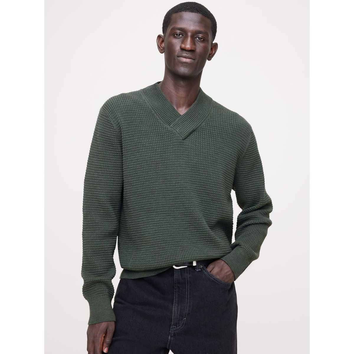 BANANA REPUBLIC - Sweater Hombre Algodón Thermal Vneck Verde