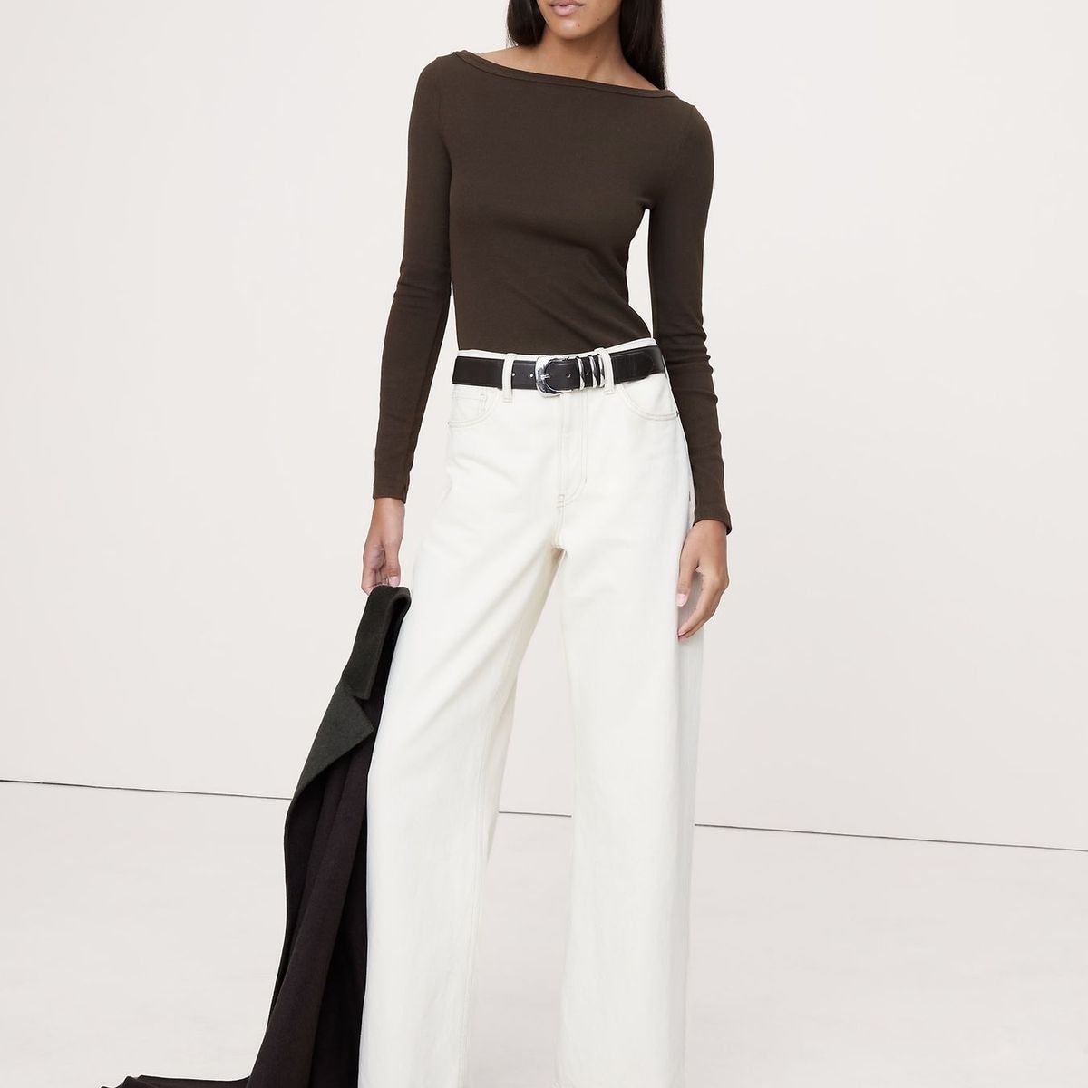 BANANA REPUBLIC - Polera Mujer Banana Republic Ribbed Boatneck Café
