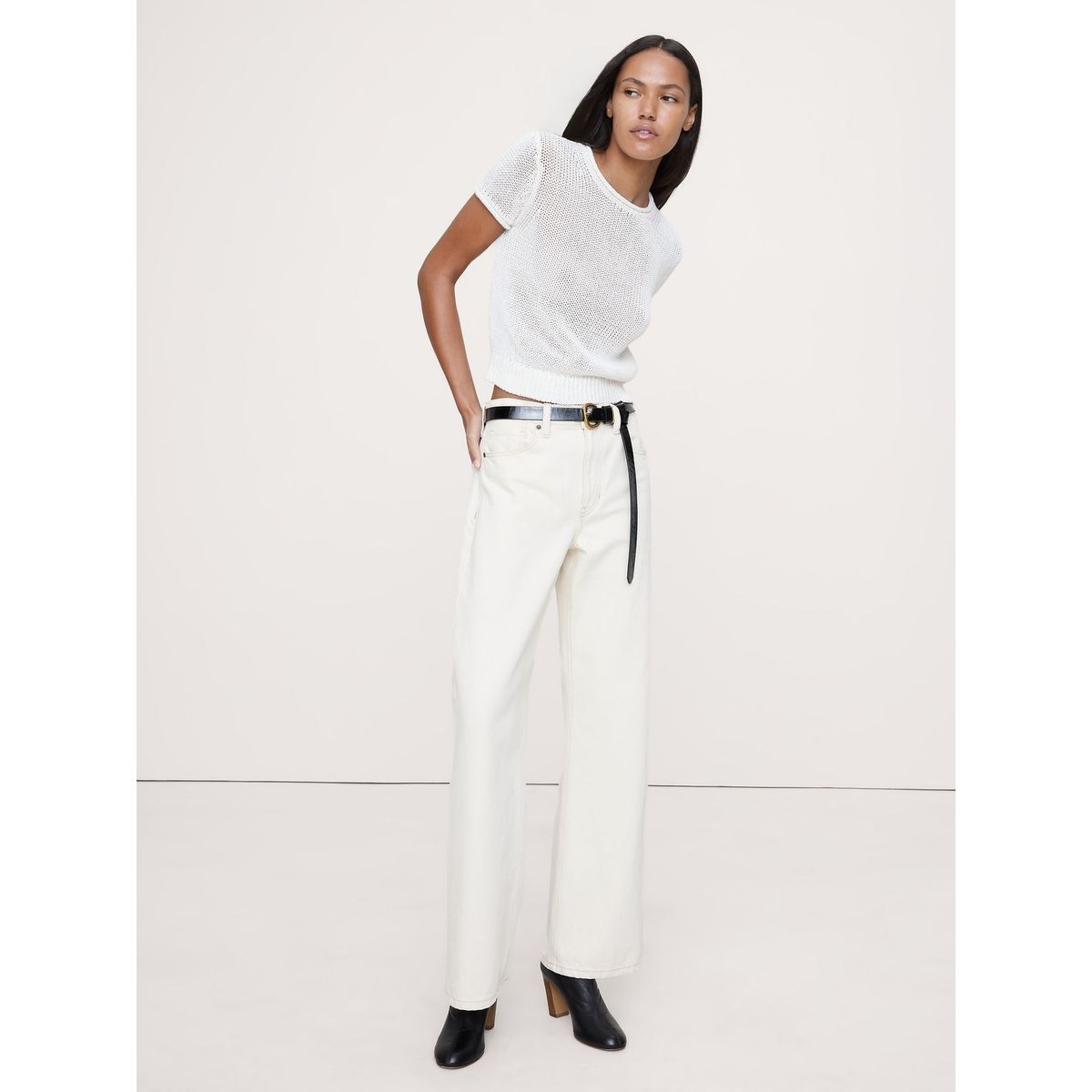 BANANA REPUBLIC - Sweater Mujer Fitted Linen Manga Corta Beige