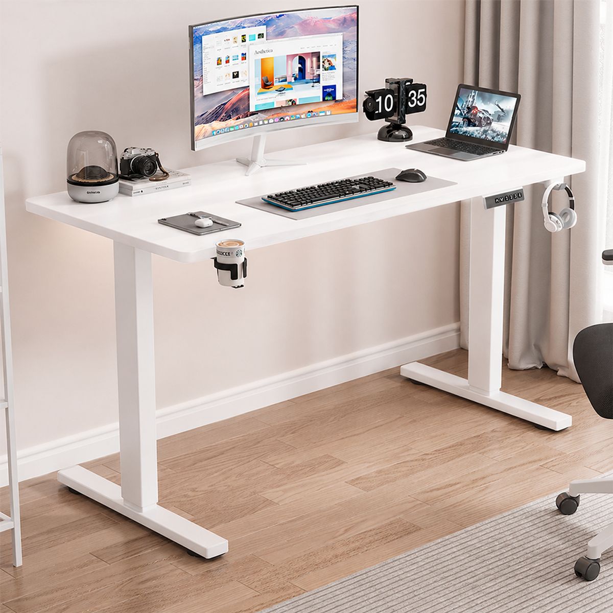 TIENDA EL GARAGE - Escritorio Eléctrico Regulable 140x60 Walnut 68-115 cm Motor Silencioso Home Office  Blanco