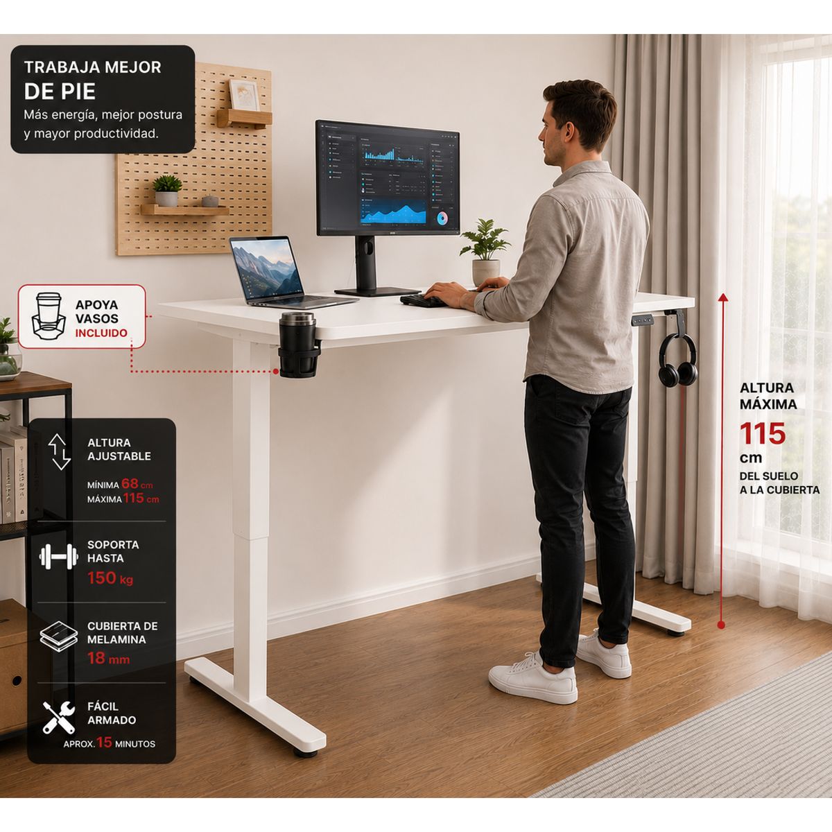 TIENDA EL GARAGE - Escritorio Eléctrico Regulable 140x60 Walnut 68-115 cm Motor Silencioso Home Office  Blanco
