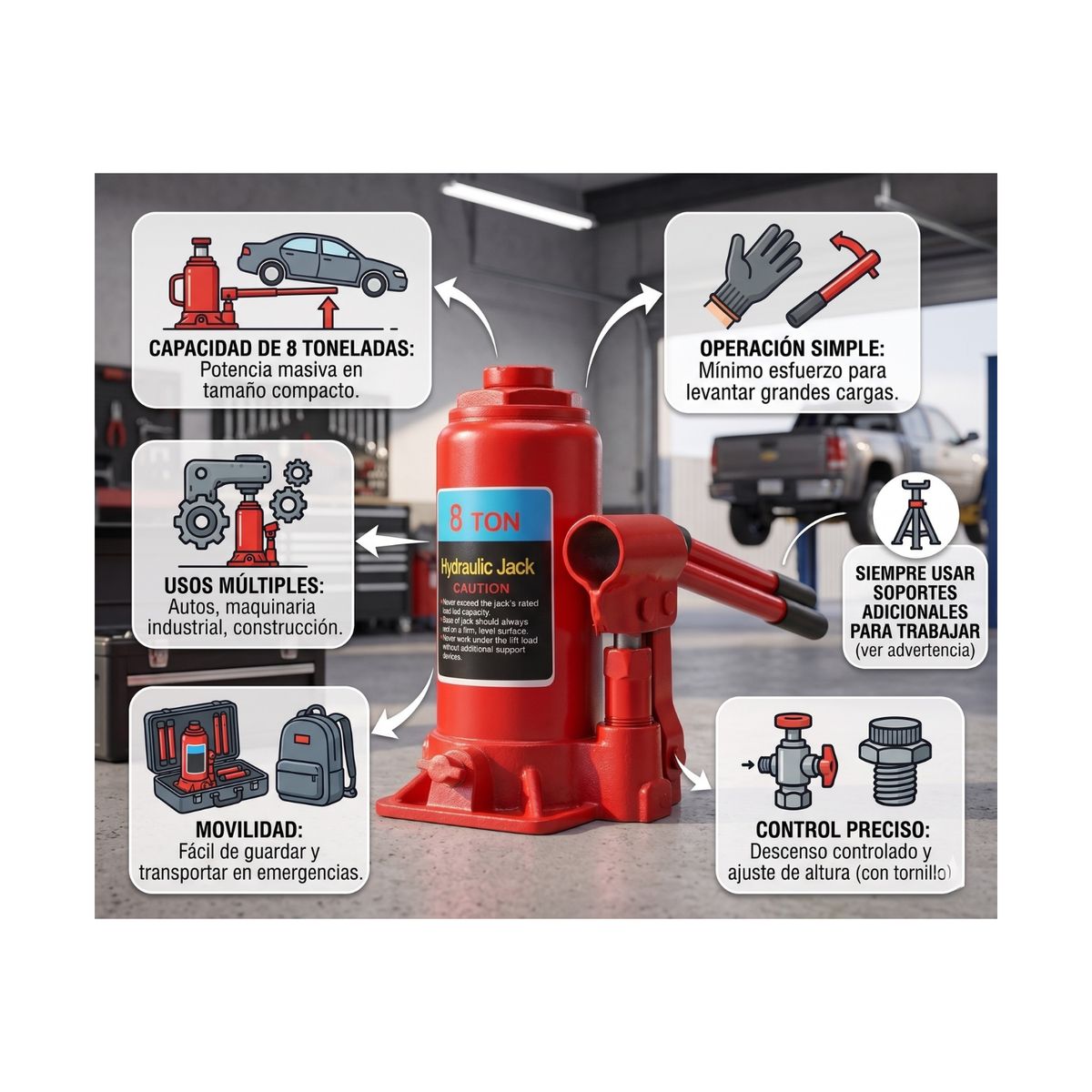 GENERICO - Gata Hidráulica Tipo Botella 8 Toneladas Vehiculos Auto