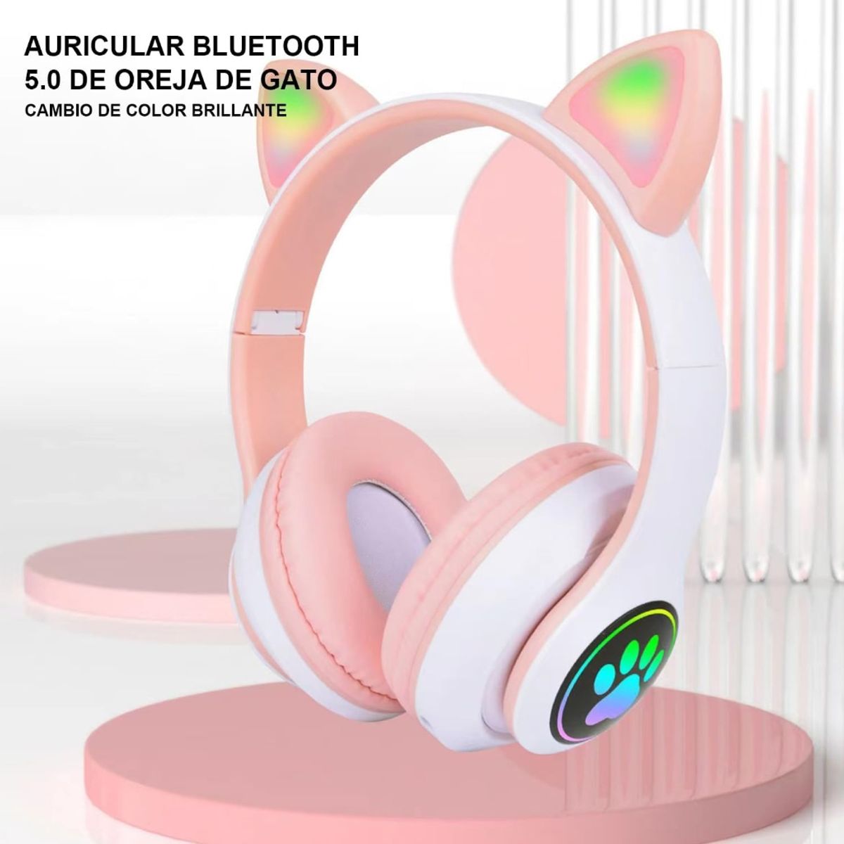 GENERICO - Audífonos Orejas de Gato Luces Led, Bluetooth y Micrófono Color Rosa Pastel