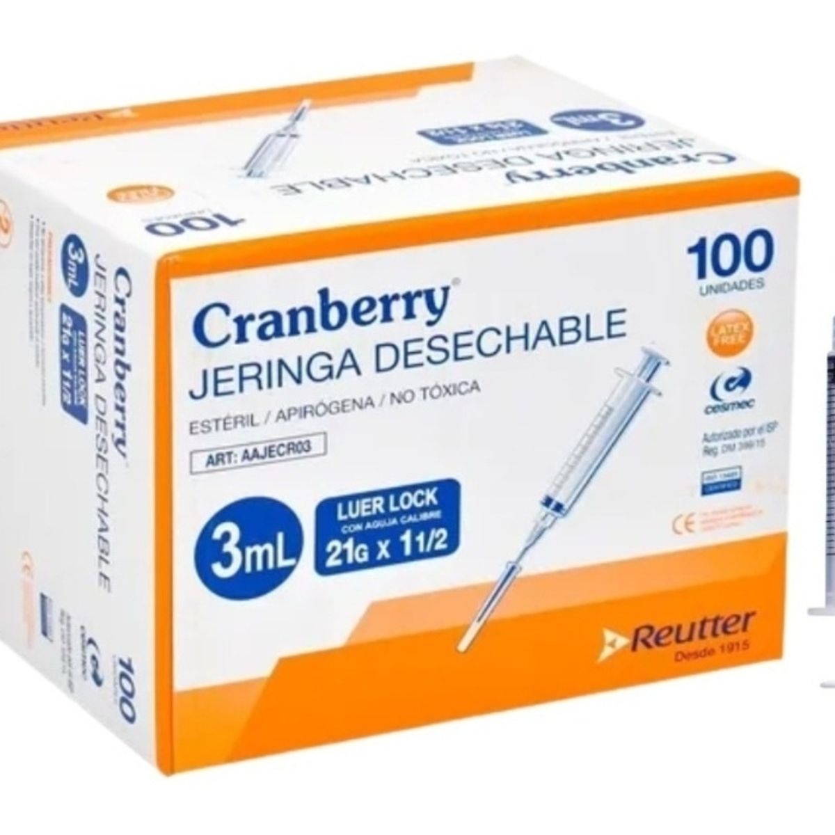 CRANBERRY - Jeringa 3mL con aguja 21G x 1 12 luer lock Cranberry caja 100 unidades
