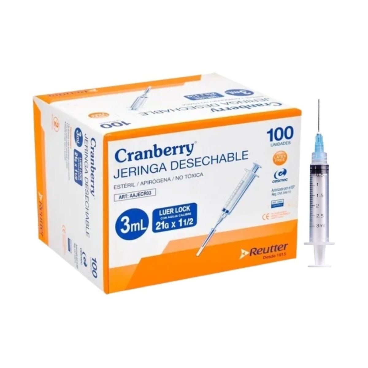 CRANBERRY - Jeringa 3mL con aguja 21G x 1 12 luer lock Cranberry caja 100 unidades