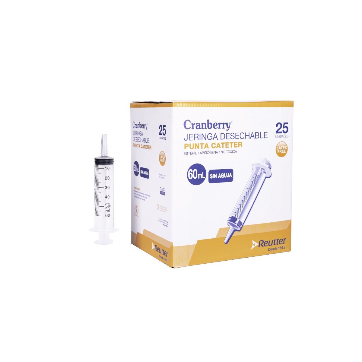 CRANBERRY - Jeringa 60mL sin aguja punta catéter Cranberry caja 25 unidades